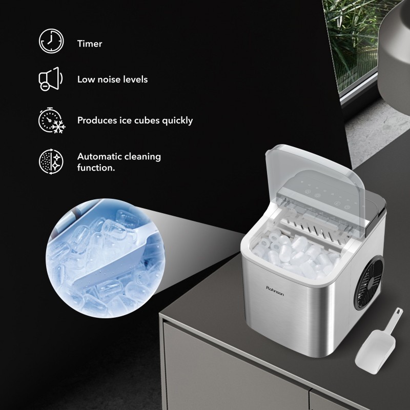 Masina cuburi de gheata Rohnson R40112, 100W, 12kg/24h, inox, capacitate rezervor apa 1.3l, 2 x optiuni dimensiune cuburi de gheata, curatare automata, capac transparent