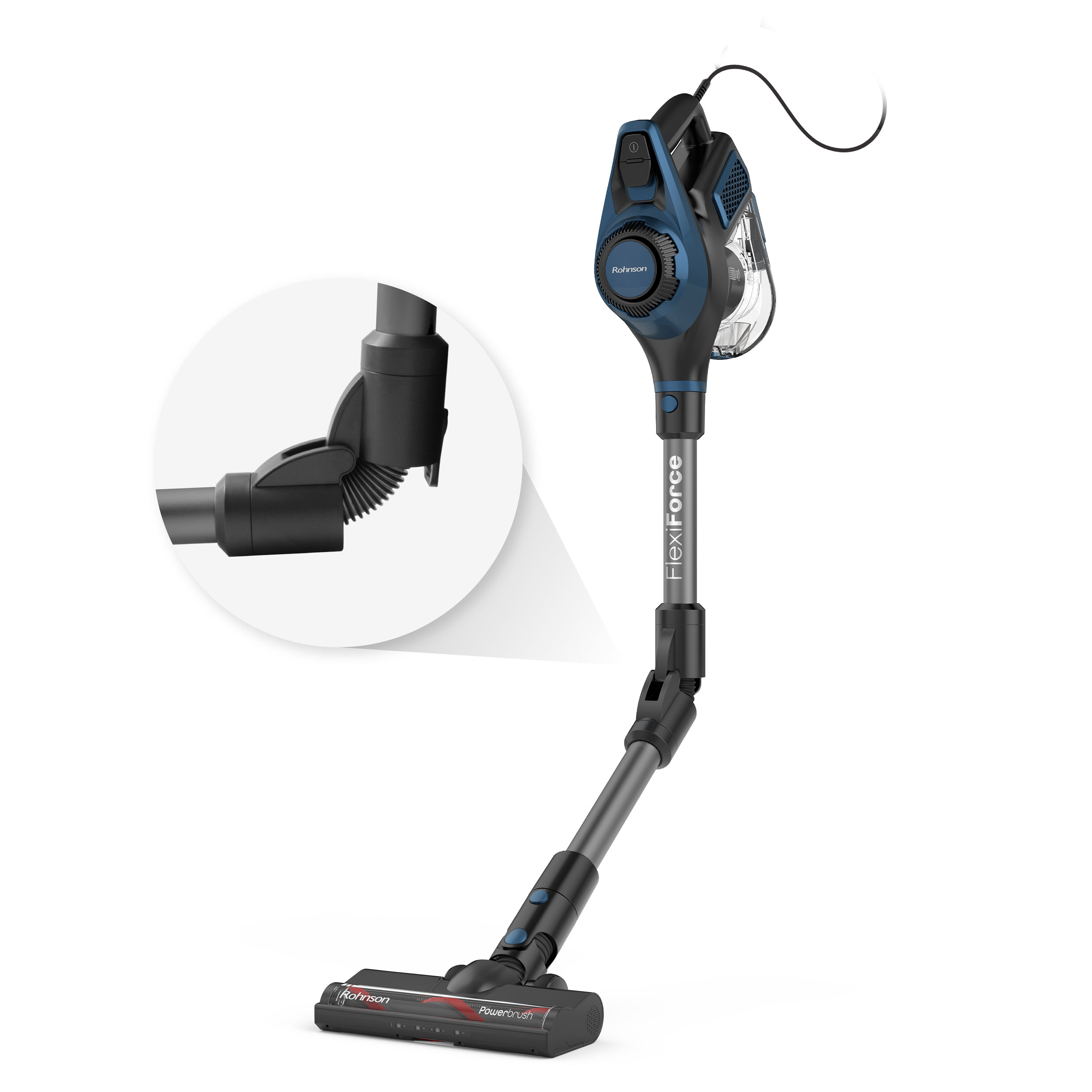 Aspirator de mana si vertical 2 in 1, Rohnson R1239 Flexi Force, cyclone, 700W, tub flexibil metalic, perie motorizata cu iluminare LED, tripla 