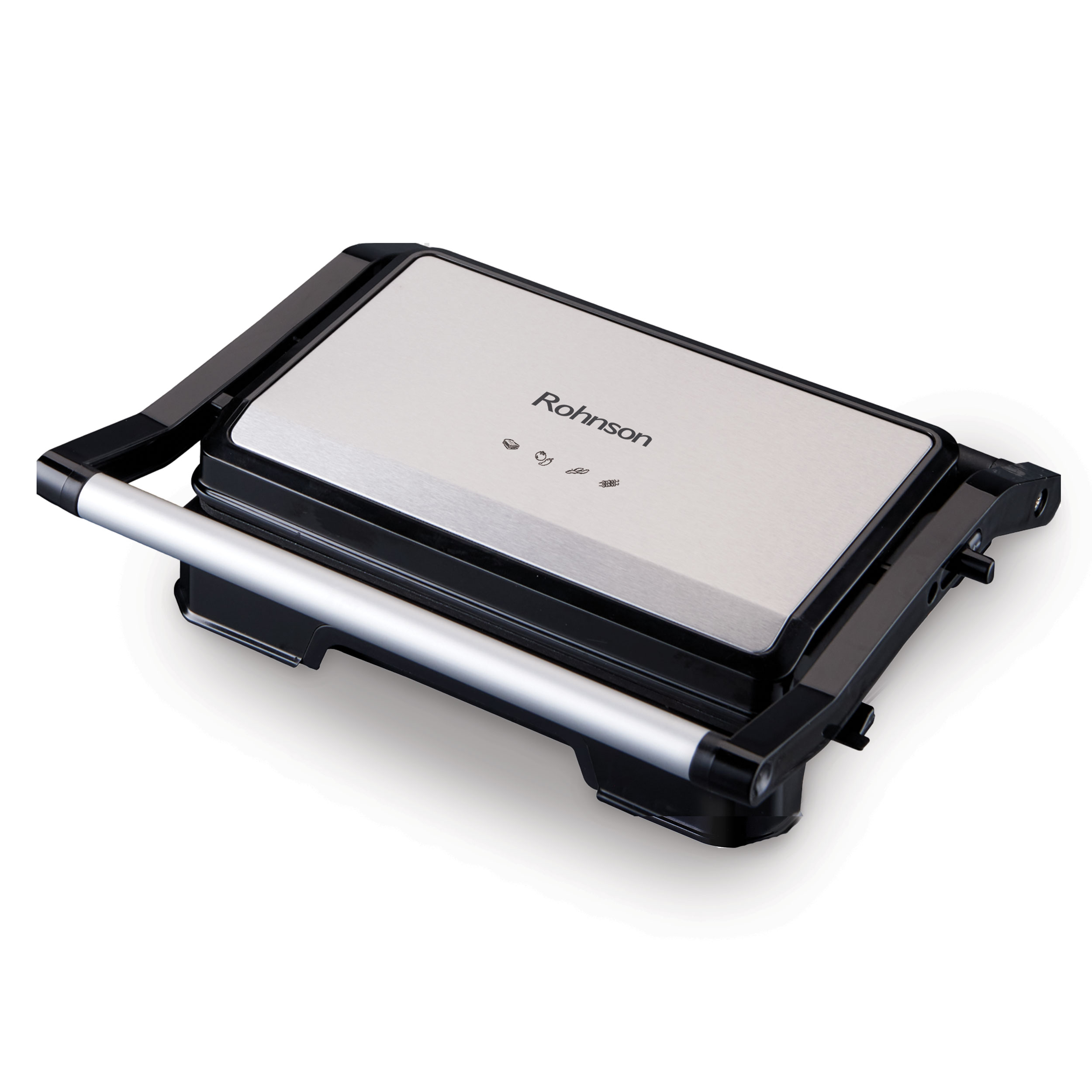 Sandwich maker Rohnson R2114, 850 W, 23 x 14.5 cm, deschidere de 180°, carcasa din otel inoxidabil, tava de scurgere, maner termoizolat, protecție 