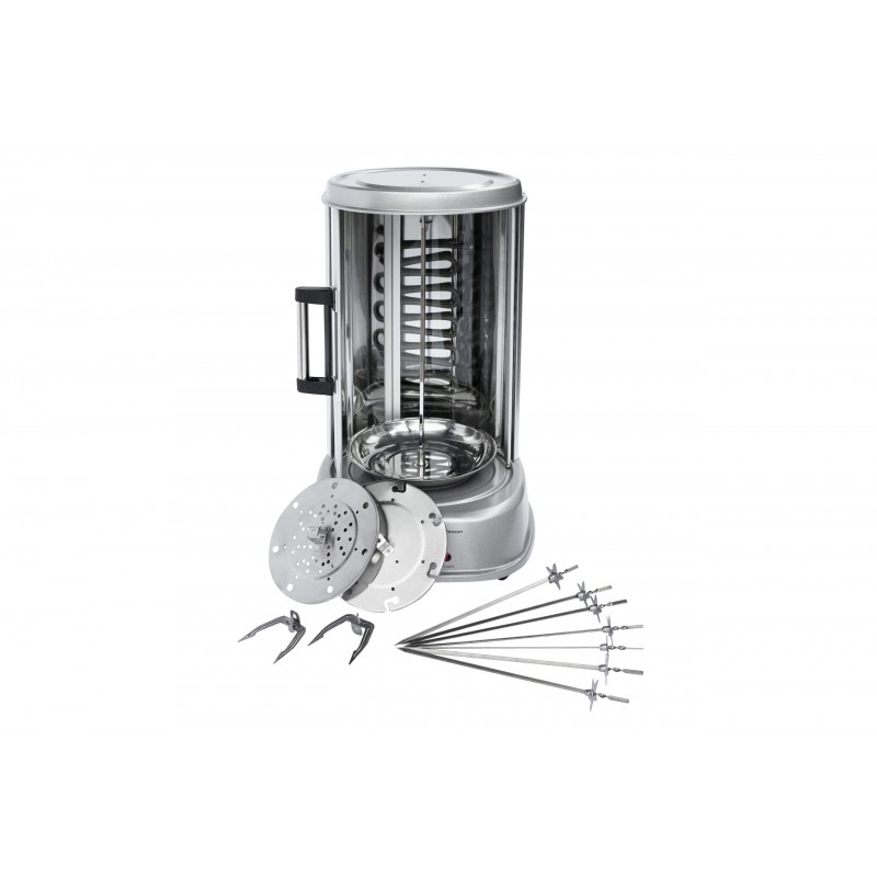 Gratar vertical electric Rohnson R2540, 31 L, 1800W, Cronometru 60 min, 7 frigarui, rotisor, tava de scurgere, usa glisanta de sticla, maner termoizolant, indicator luminos, Argintiu