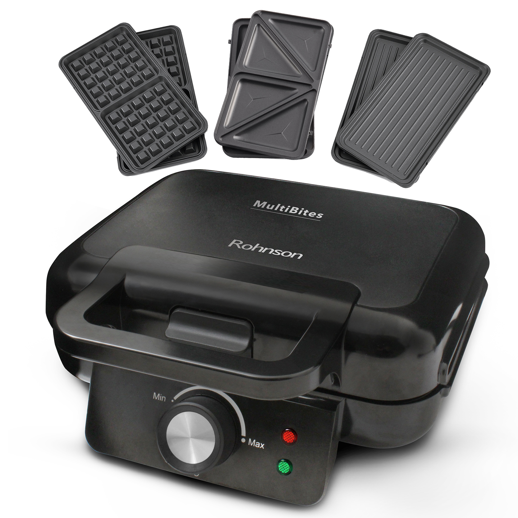 Sandwich maker Rohnson R2635 MultiBites, 3 seturi de placi detasabile, pentru sandwich-uri, grill si vafe, 22,4 x 12.5 cm, 750 W