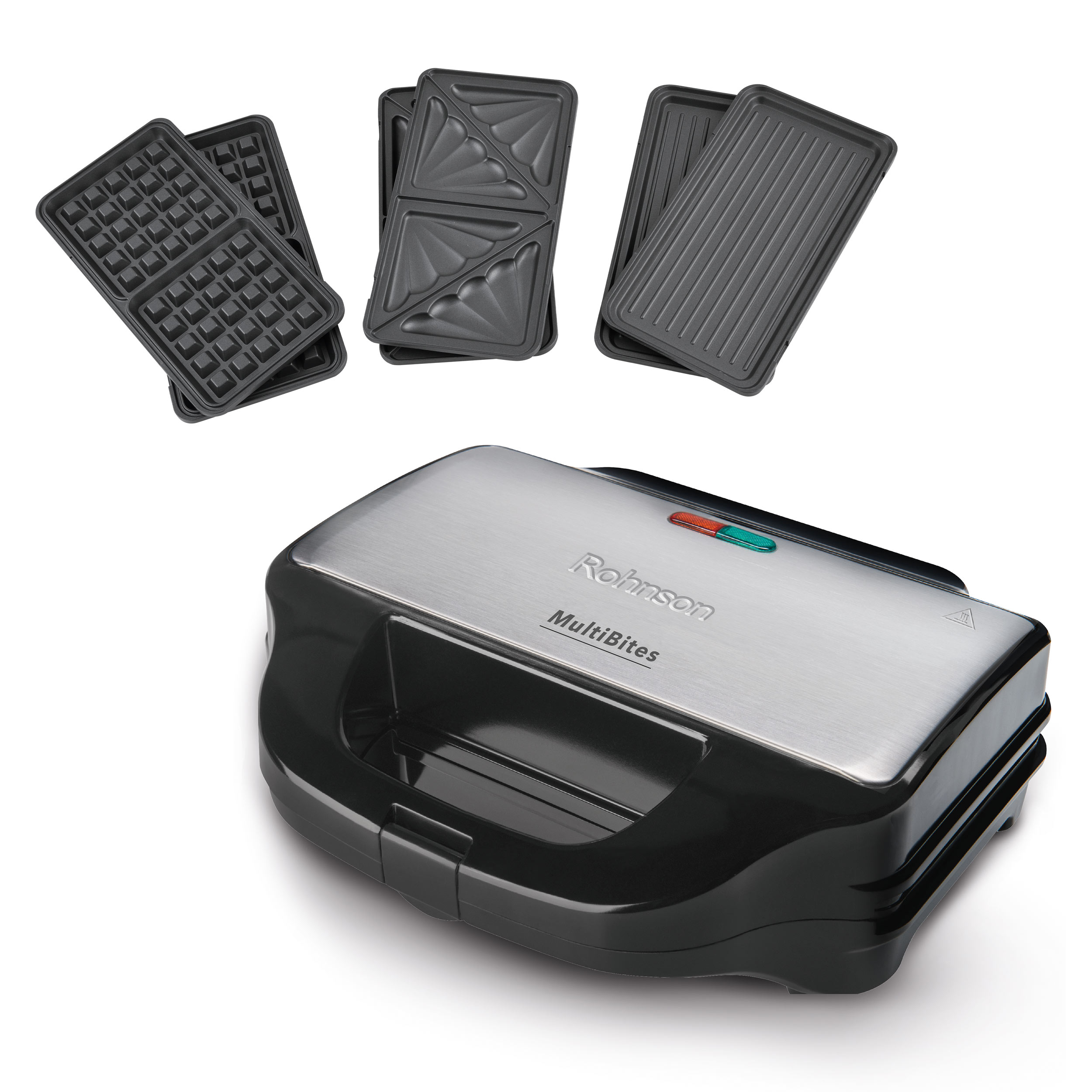 Sandwich maker cu 3 seturi de placi XXL detasabile, pentru sandwich-uri, grill si vafe, 28,5 x 15.7 cm, 900W, Rohnson R2684 MultiBites