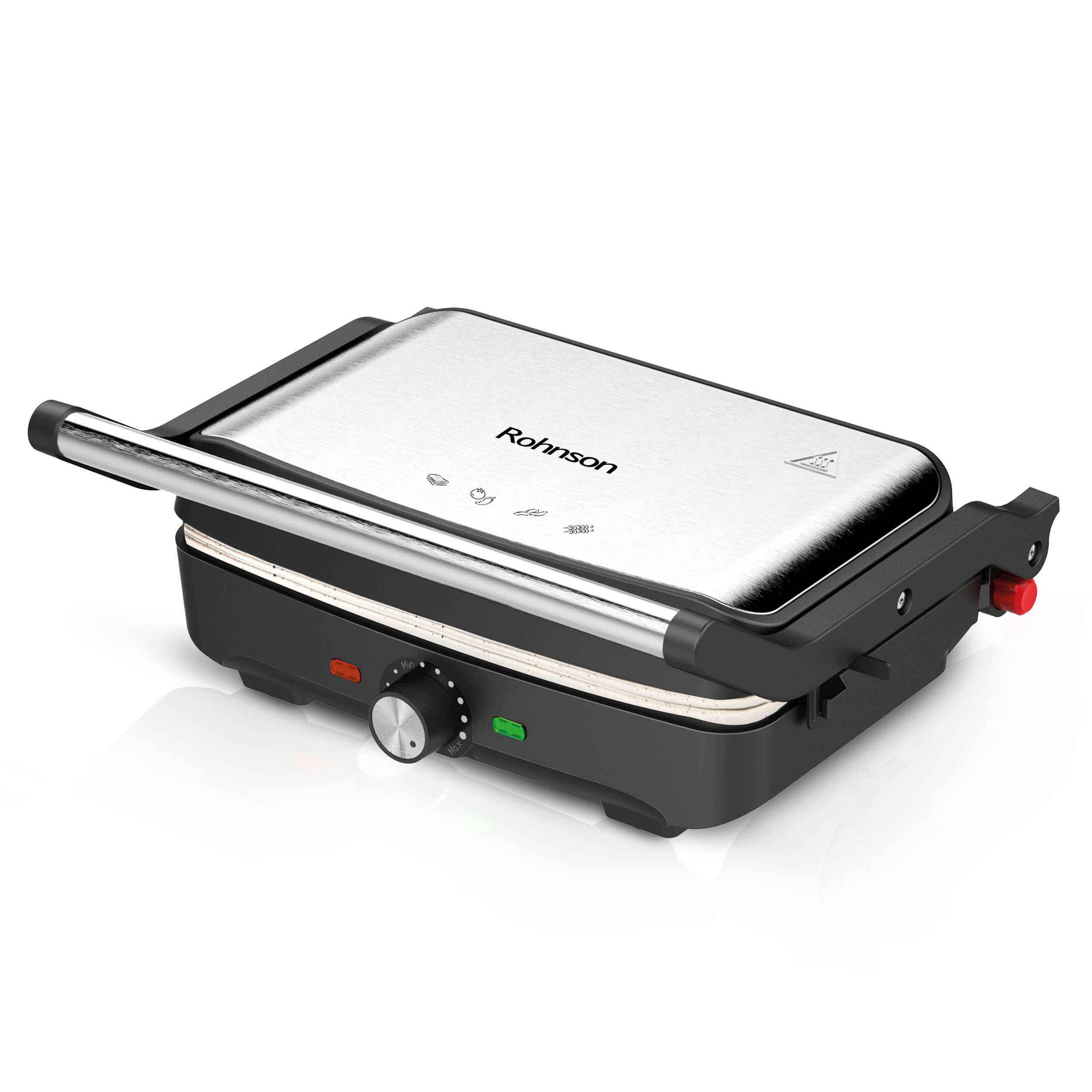 Grill electric Rohnson R2762, 1600W, 28.5 x 18cm, termostat reglabil, posibilitate deschidere la 180°, maner termoizolat, blocare maner, depozitare