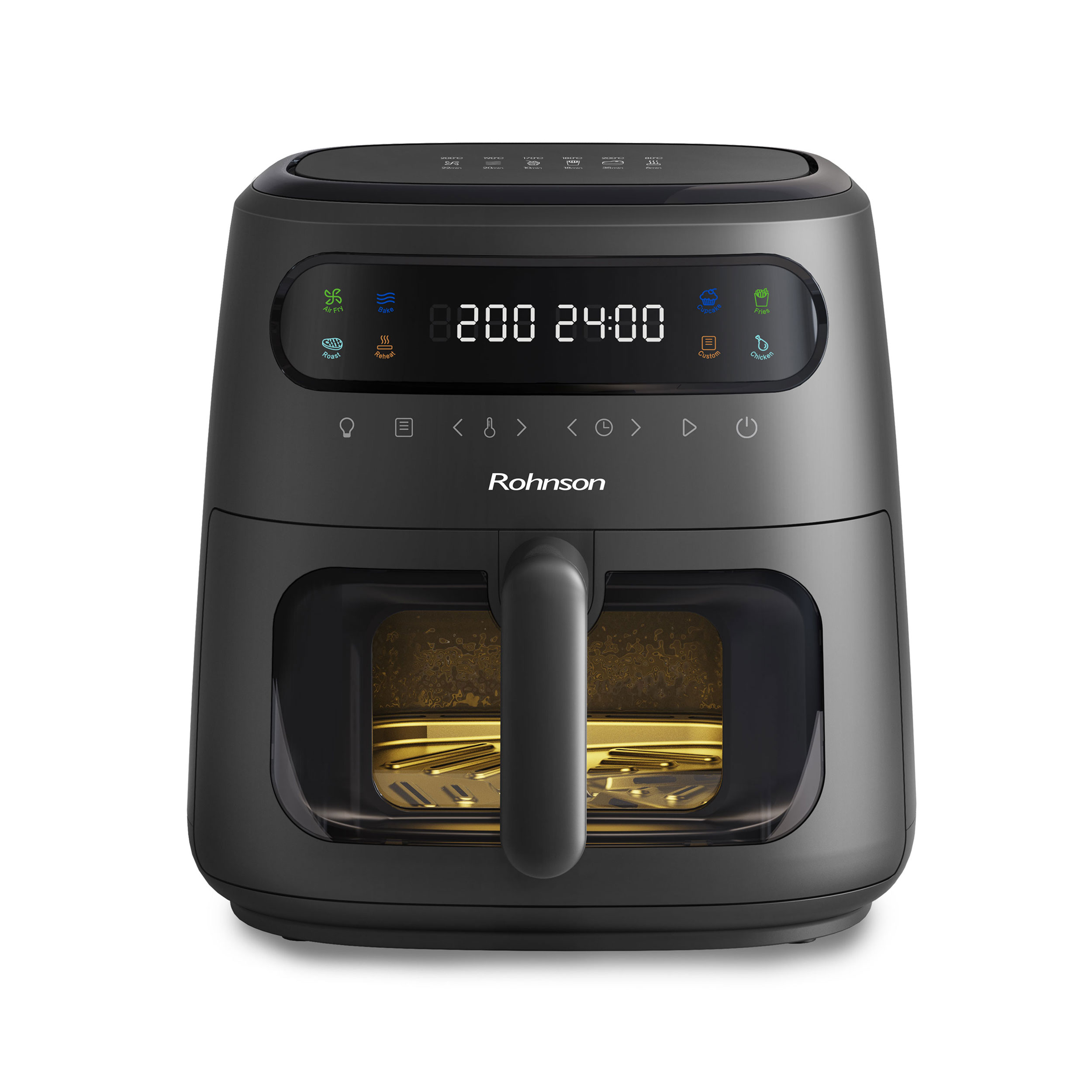 Friteuza cu aer cald Rohnson R2807, 1750W, 7.6 L, timer 60 min, 80-200 °C, Panou tactil digital LED, 8 programe automate, sistem de încălzire uniform