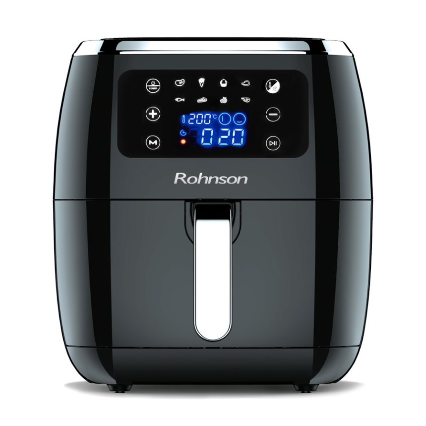 Friteuza cu aer cald Rohnson R2818, 1800W, 6 L, Panou digital, 8 programe automate, timer 60 min, 80-200 ° C, uscare fructe 30-80 °C, timer uscare 