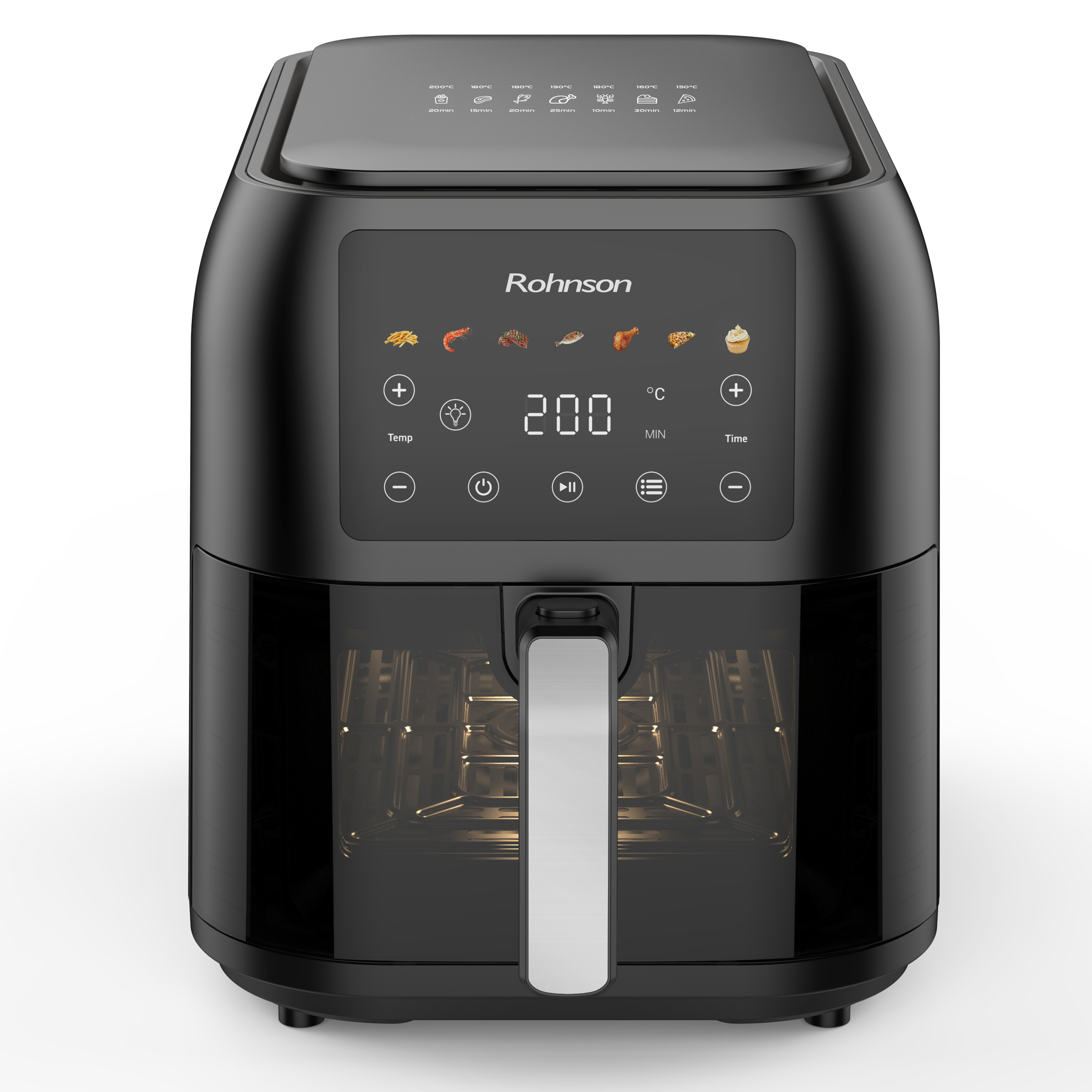 Friteuza extra slim cu aer cald, Rohnson R2860, 8L, 1700W, timer 1h, 80-200 °C, Panou LED, 7 programe, sistem 3D la 360°, functie SHAKE, fereastra,