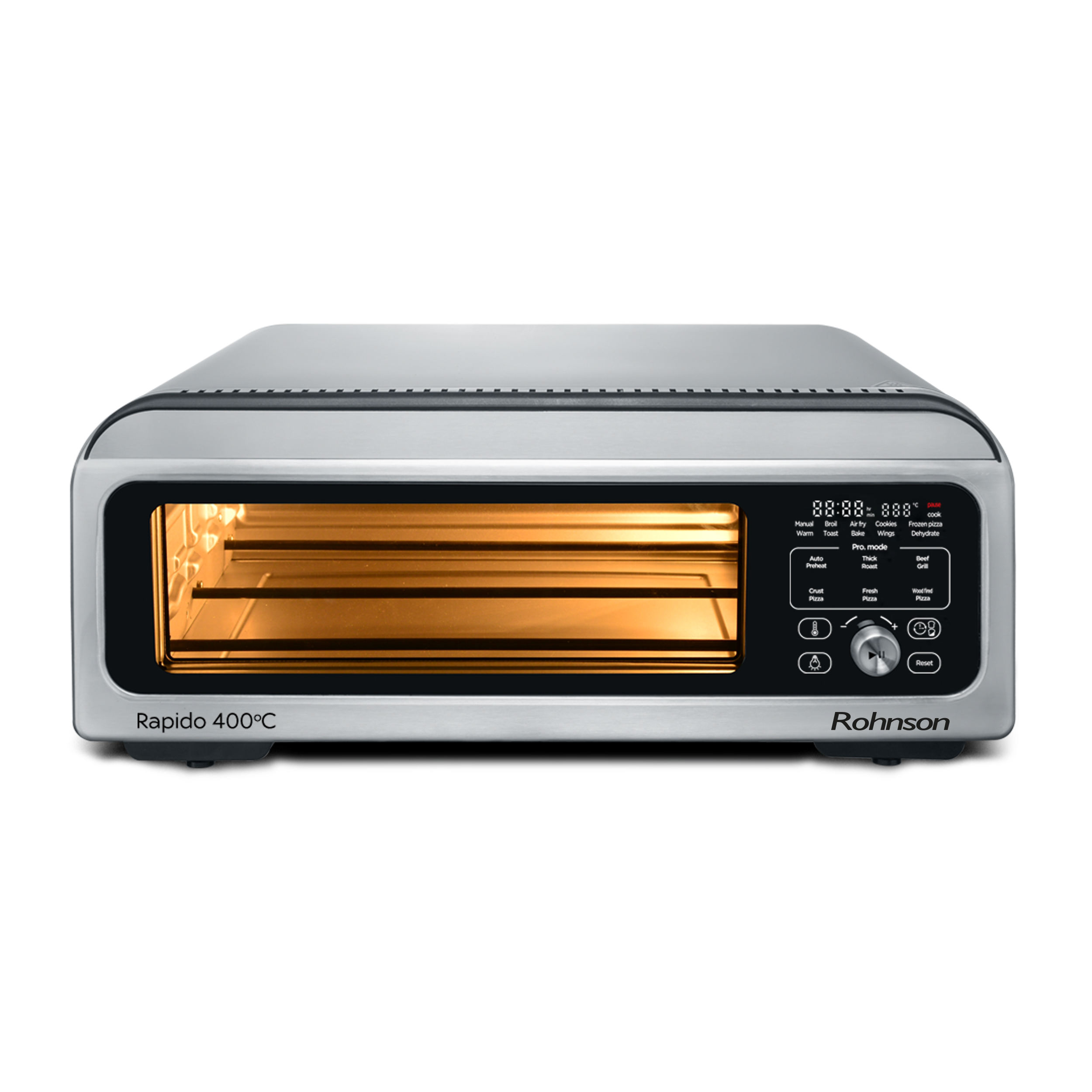Cuptor cu aer cald pentru pizza, Rohnson R2880, 18L, 2000W, timer 1h, 40-400°C, 4 functii de preparare, panou digital LED, 10 programe, 3D la 360°, 6 