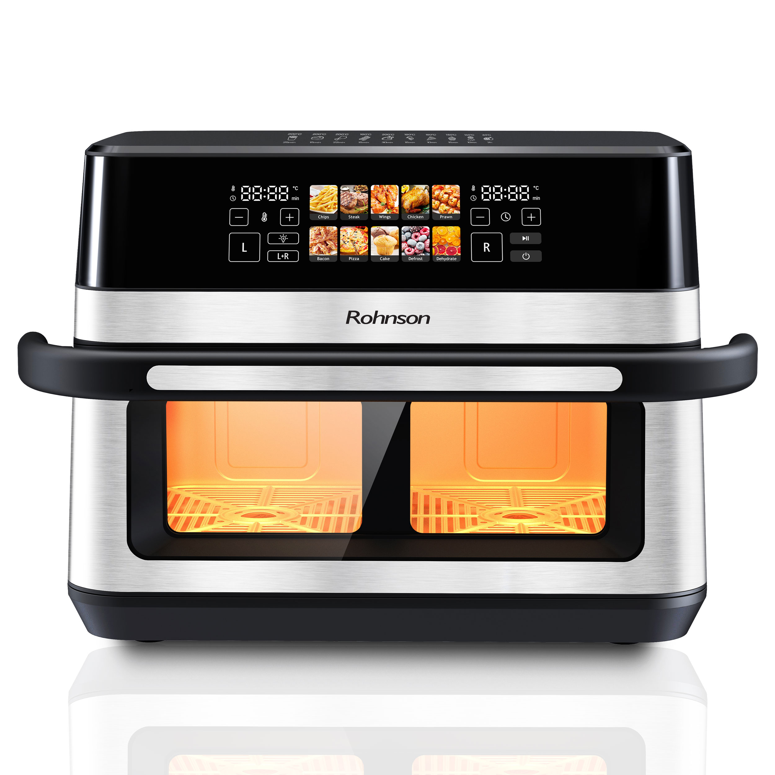 Friteuza cu aer cald 2 in 1 Rohnson R2882, 2x6L, 2200W, timer 1h/24h, 60-200°C, uscare fructe, finisaj ILAG, panou tactil digital LED, 10 programe, 3D