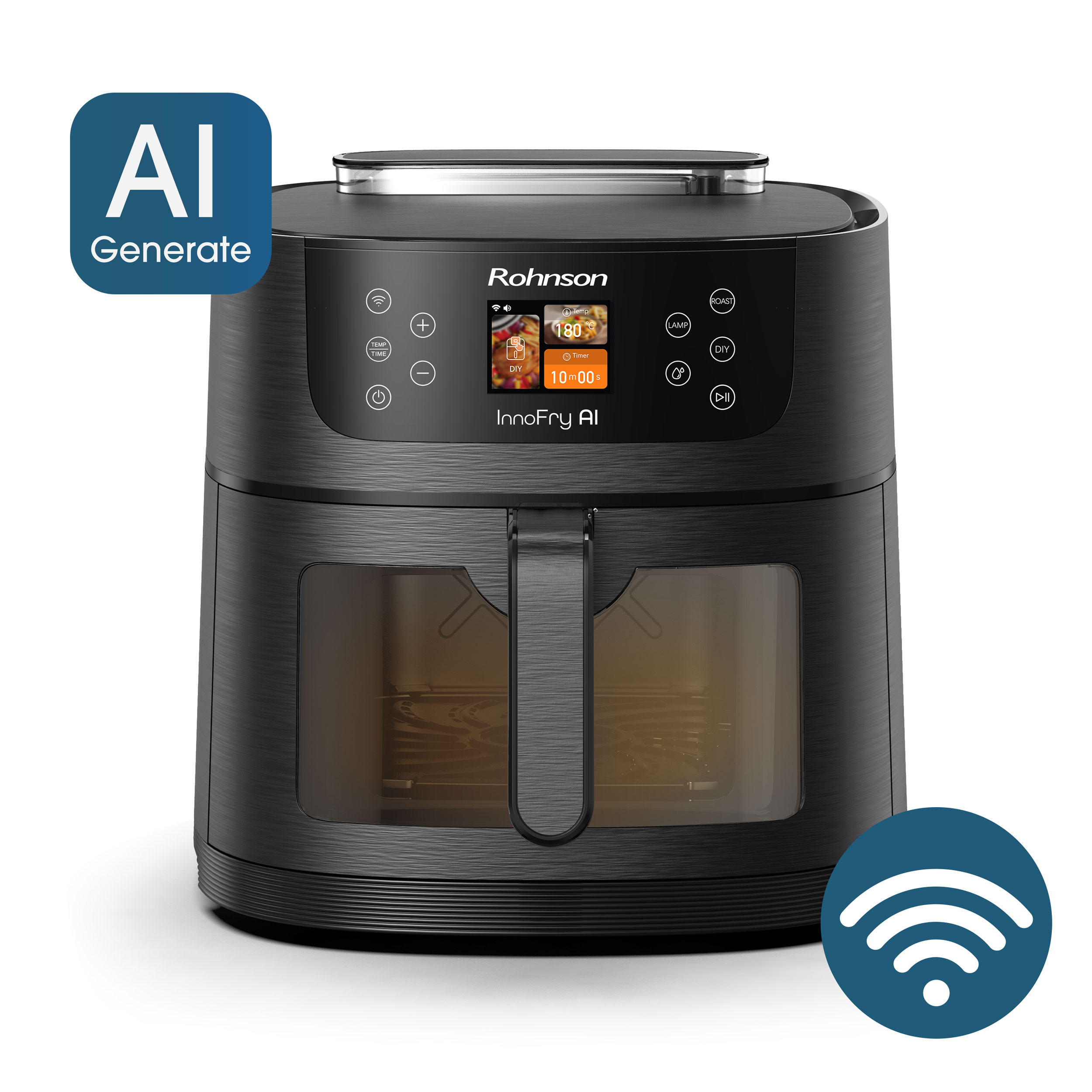 Friteuza cu aer cald Rohnson R2884, 8L, 1800W, Wi-Fi, tehnologie AI, 30-200°C, Soft Cooking, panou tactil digital, 30 programe, 3D la 360°, iluminare 