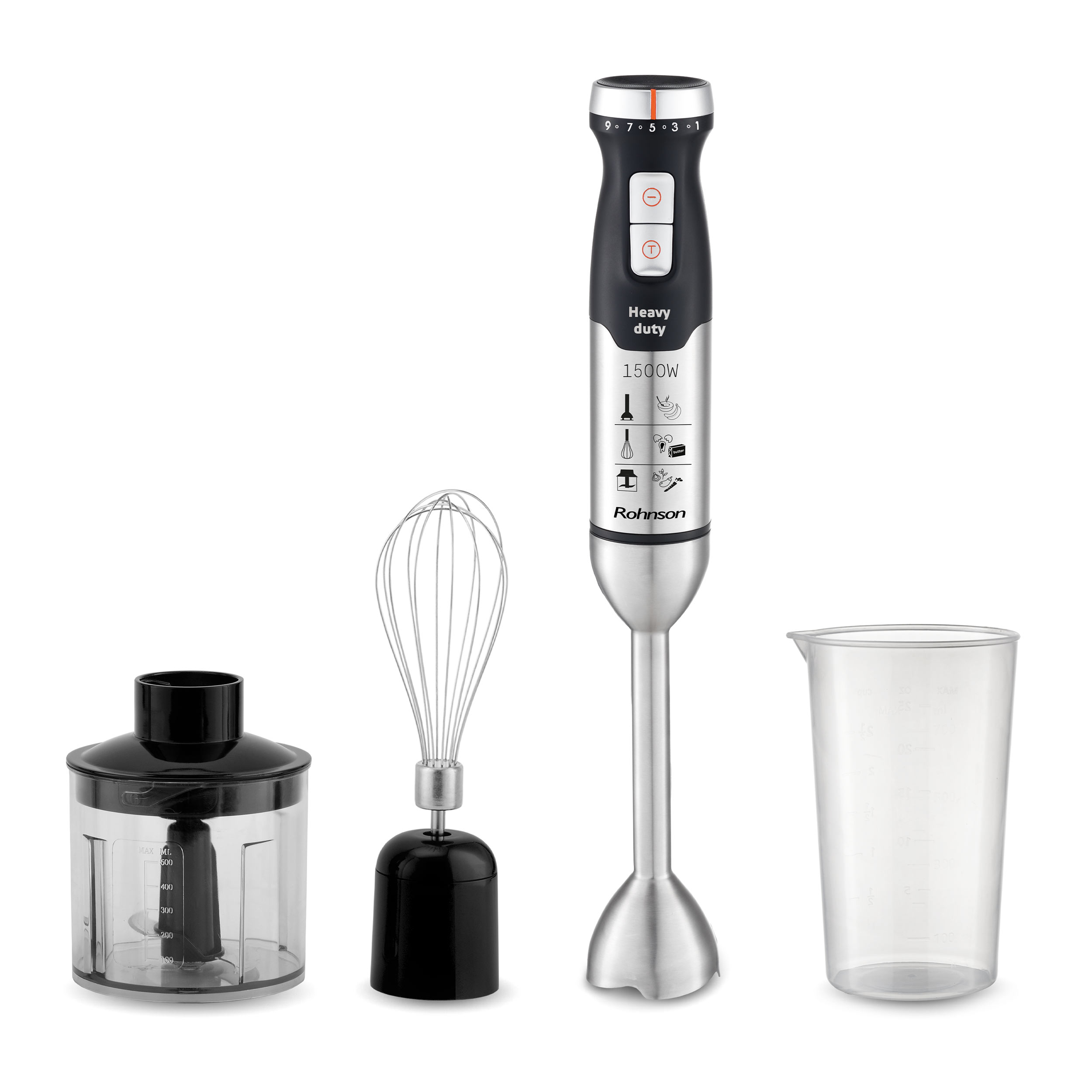 Mixer vertical cu accesorii, Rohnson R5740 Heavy Duty, 1500W, 3 lame Titan, 9 viteze + Turbo, 16.000 RPM, 65dB, chopper 0.5L cu 2 lame inox, bol 0.7L,