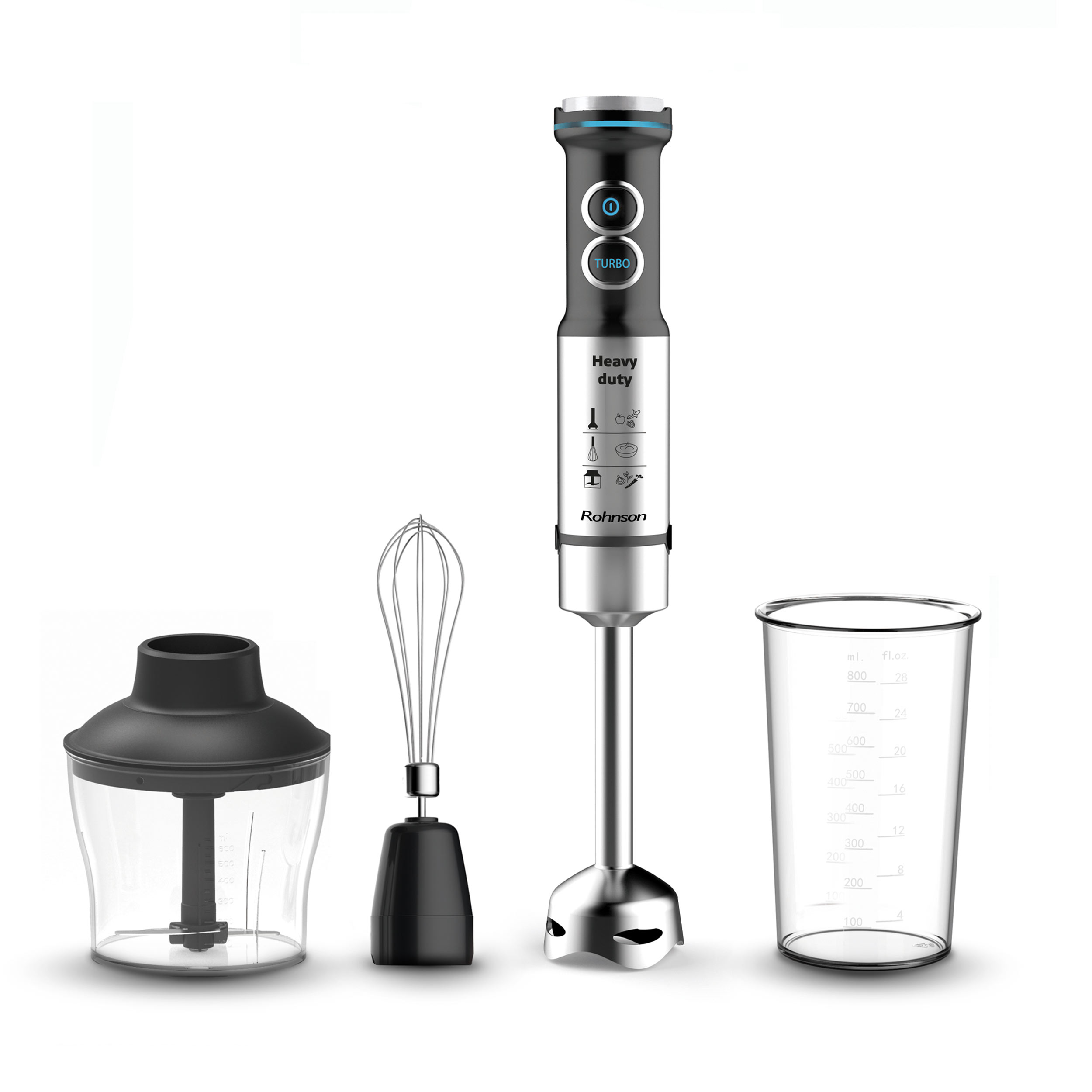 Mixer vertical cu accesorii, Rohnson R5797 Heavy Duty, 1200W, 4 lame Titan, 3 viteze + Turbo, 15.500 RPM, 85dB, chopper 0.6L cu 2 lame inox, bol 
