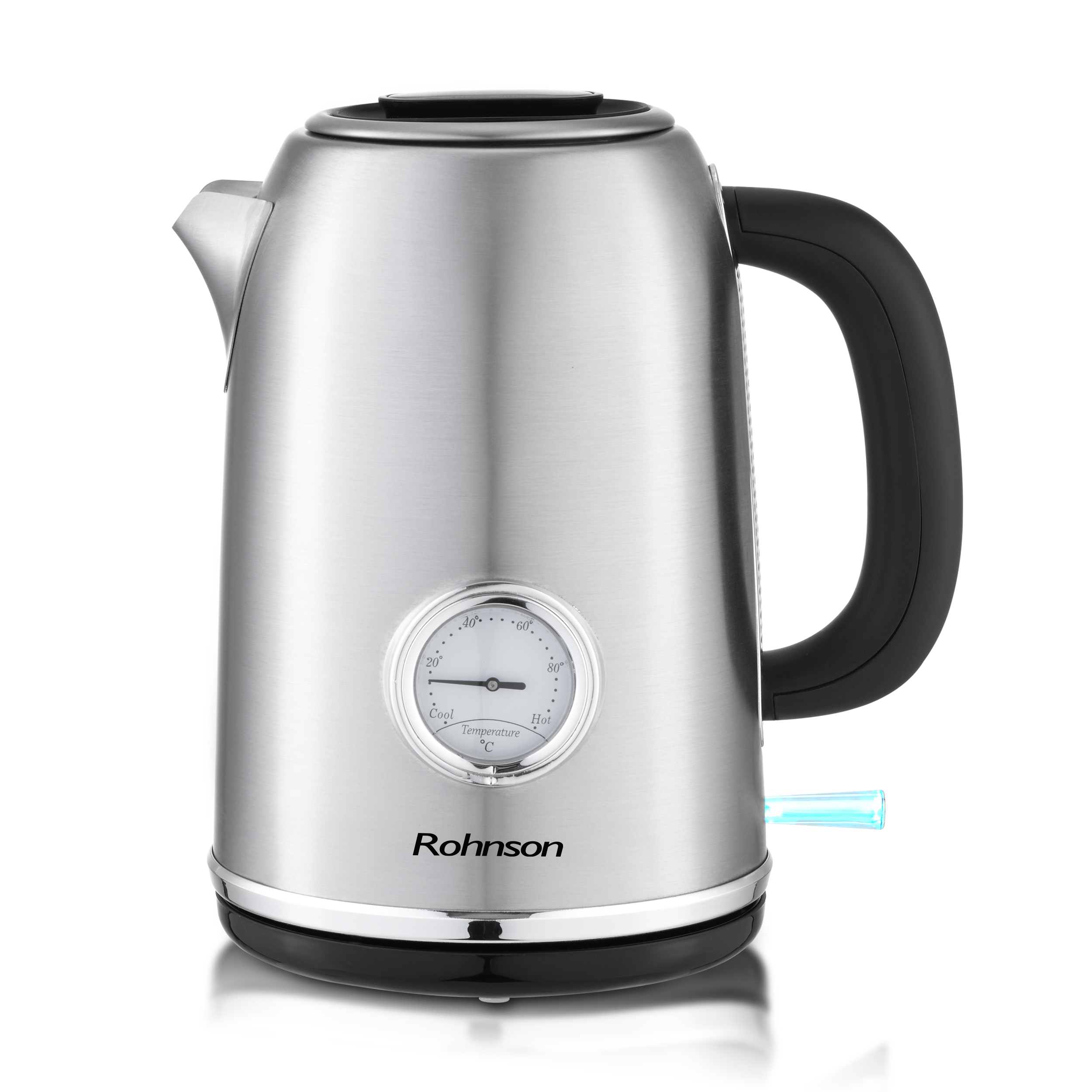 Cana fierbator, Rohnson R7620, 2200W, 1.7L, Baza rotativa la 360°, oprire automata, filtru anticalcar, oțel inoxidabil, depozitare cablu, argintiu