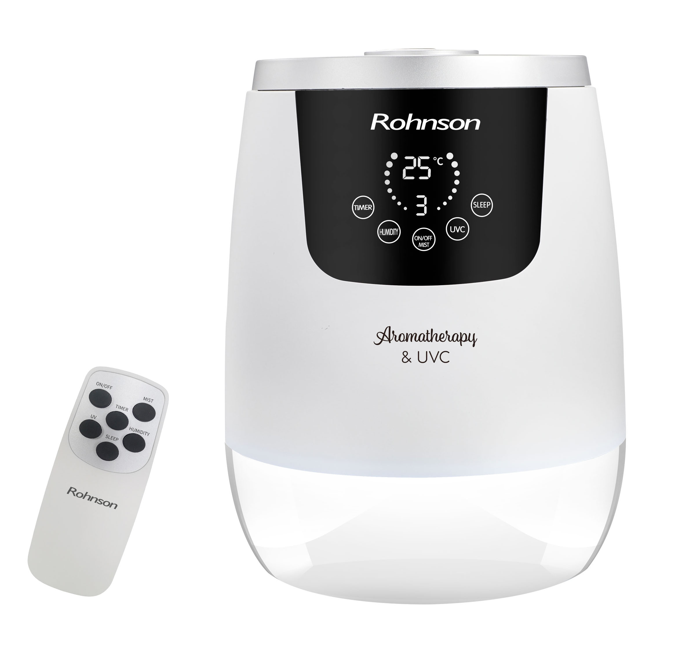 Umidificator cu umplere superioară Rohnson R9517, Aromaterapie, Sterilizator UV-C, 25W, telecomanda, rezervor 4 L, capacitate 250-450ml/h, 3 moduri 