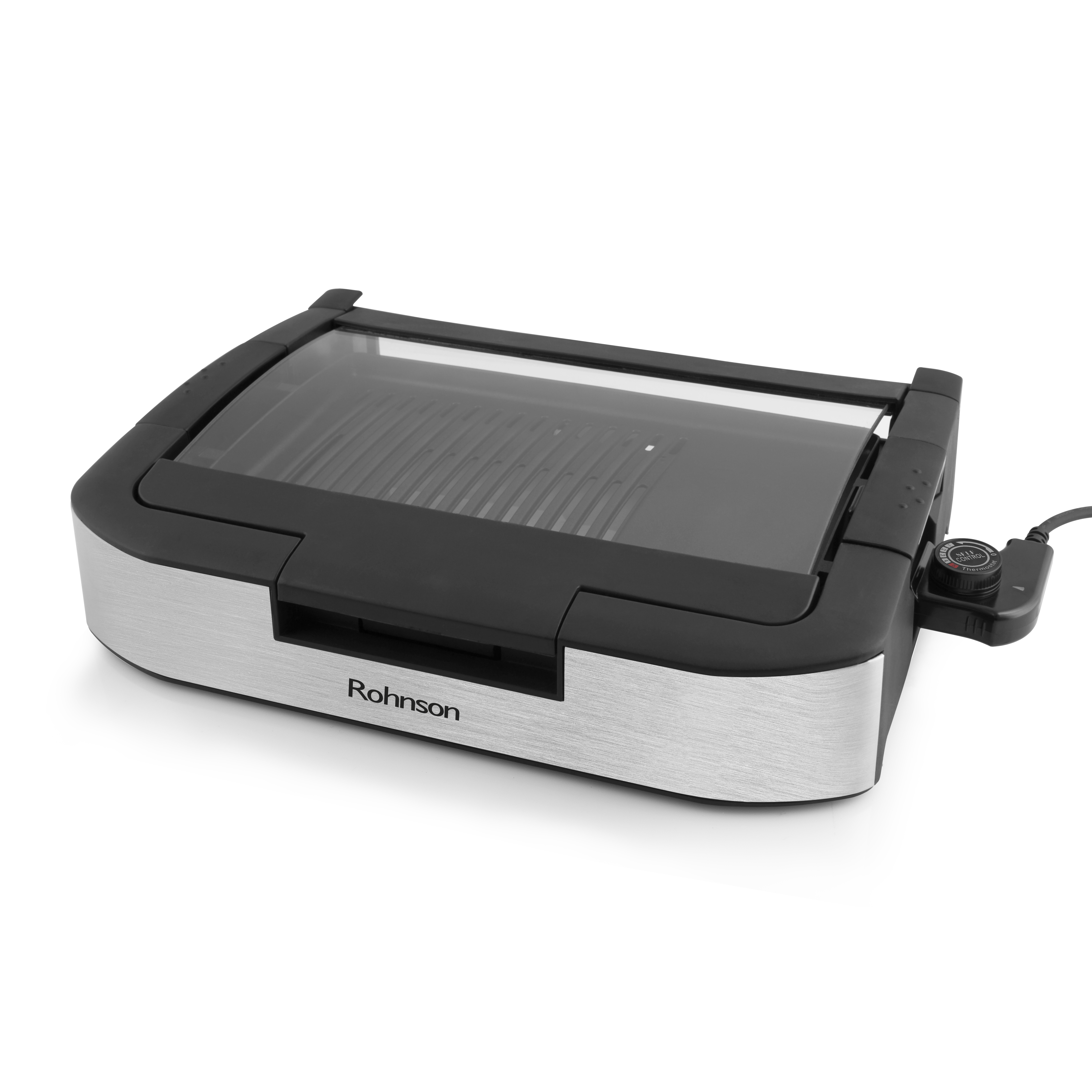 Table Grill Barbeque portabil cu capac Rohnson R2550, 1800W, 5 niveluri control temperatura, capac sticla rezistenta la caldura, placi detasabile 