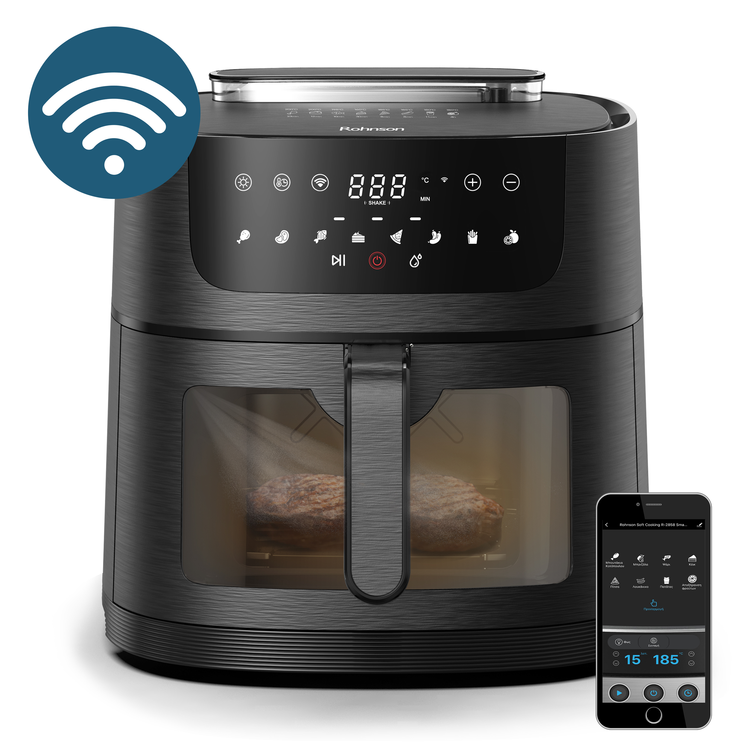 Friteuza cu aer cald si tehnologie Wi-Fi, Rohnson R2858 SmartChef XL 2, 1800W, volum recipient 8L, 8 programe automate de gătit, temporizator, setare