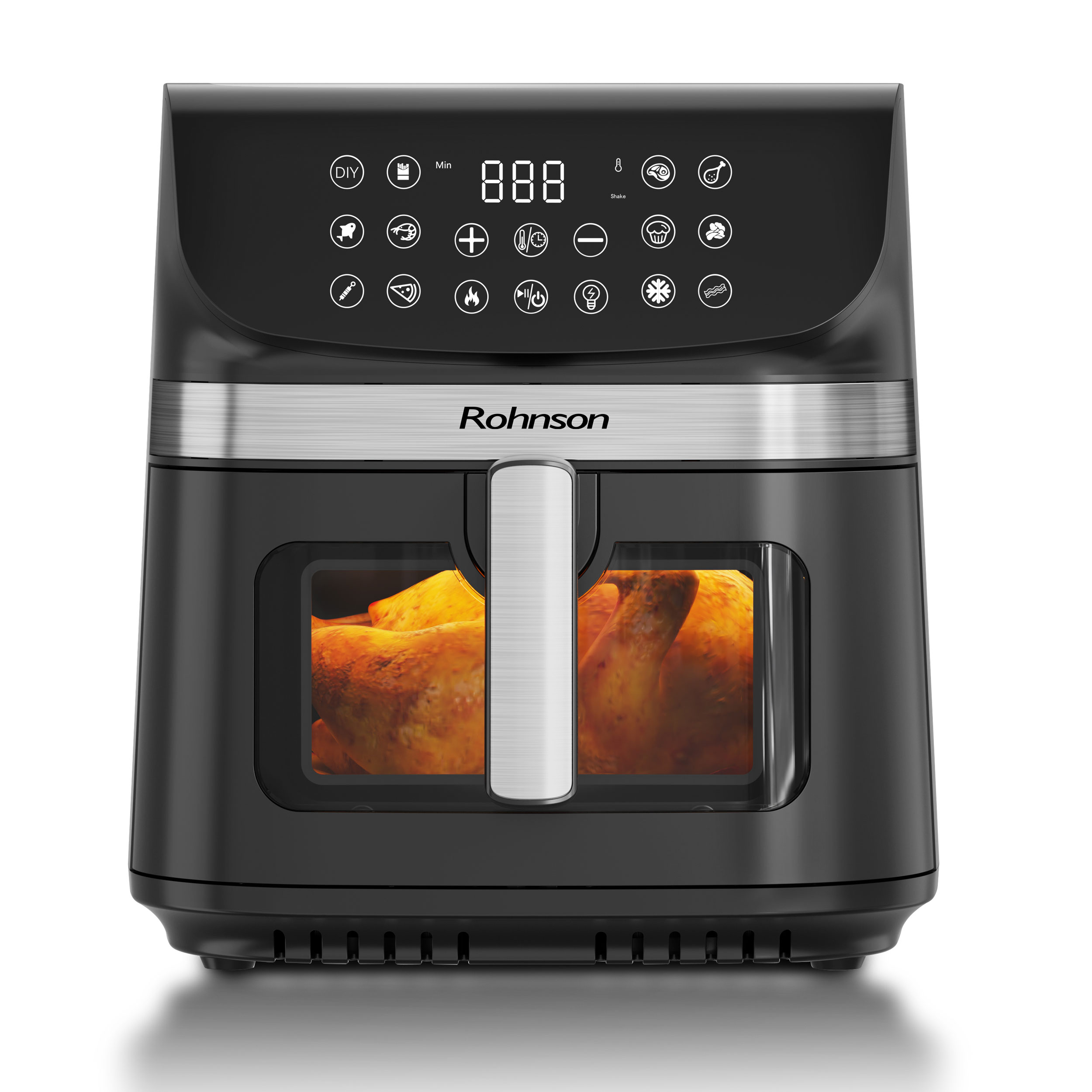 Friteuza cu aer cald Rohnson R2866, 9L, 1800W, timer 1h, 80-200 °C, Panou tactil digital , 12 programe, sistem 3D la 360°, fereastra dubla, iluminare