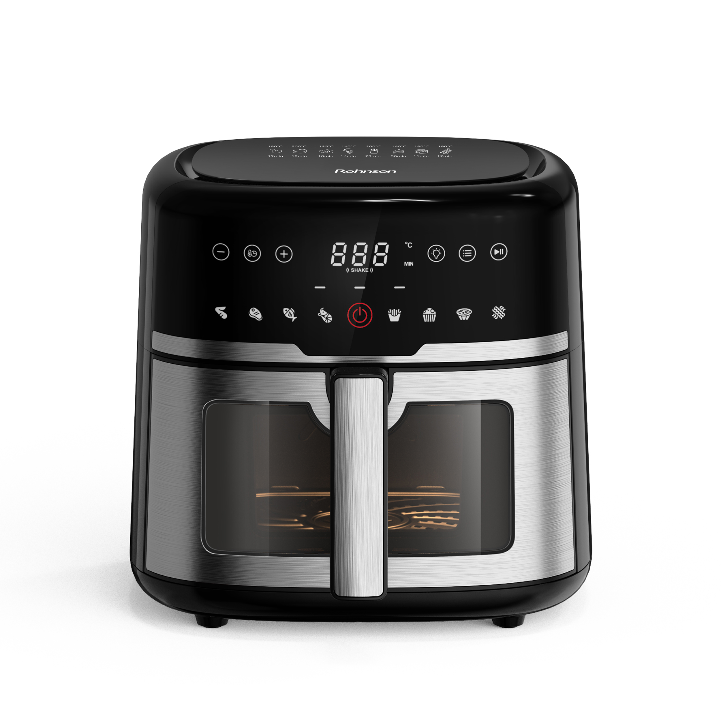 Friteuza cu aer cald Rohnson R2873, 6L, 1500W, timer 1h, 80-200 °C, Panou tactil digital LED, 8 programe, sistem 3D la 360°, fereastra dubla,
