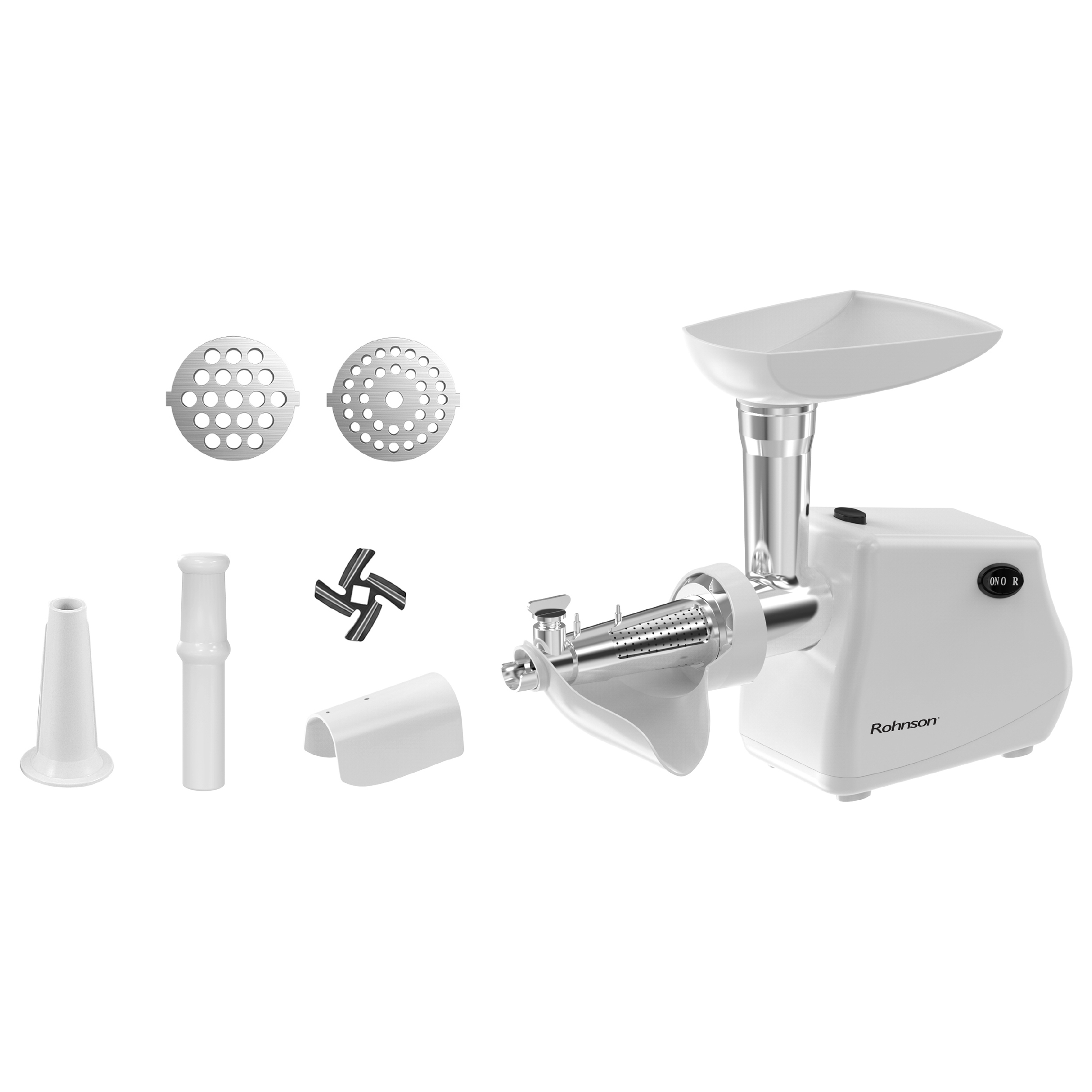 Masina de tocat electrica, Rohnson R5404, 1000 W, Revers, accesorii de rosii, carnati, kibbe, cutit inox, 2 site, 85 Db