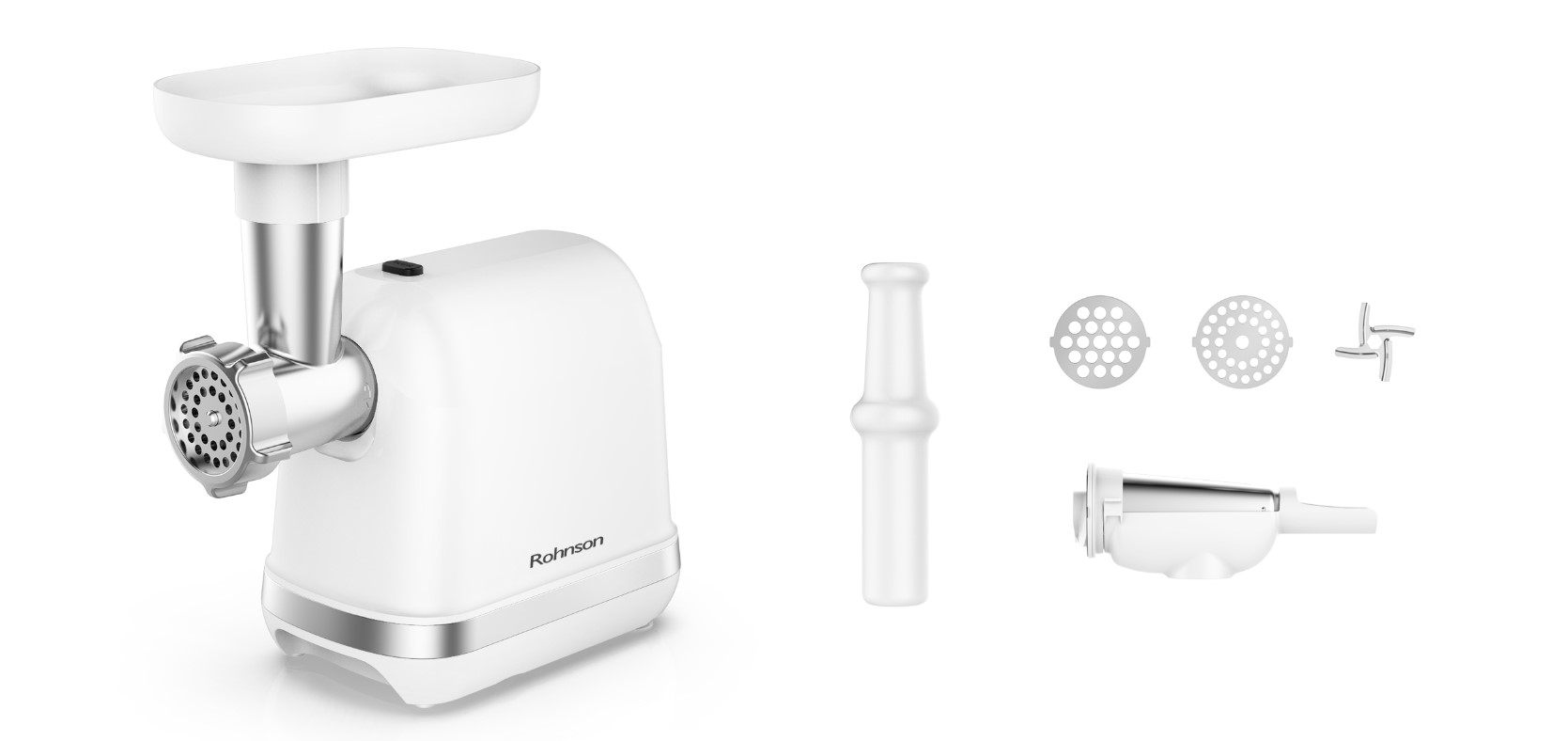 Mașină de tocat carne Rohnson R5409, 1300W, capacitate tocare 1 kg/ min, functie reverse, 2 site metalice, accesoriu pentru suc de rosii, 85 dB, motor