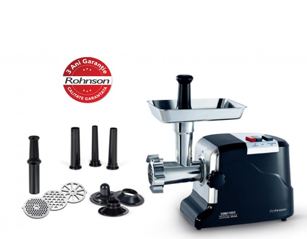 Mașină de tocat carne Rohnson R5410 Turbo Force, 3000W, capacitate 1.6kg/ min, angrenaje metalice, motor din Cupru, reverse, spatiu de depozitare,