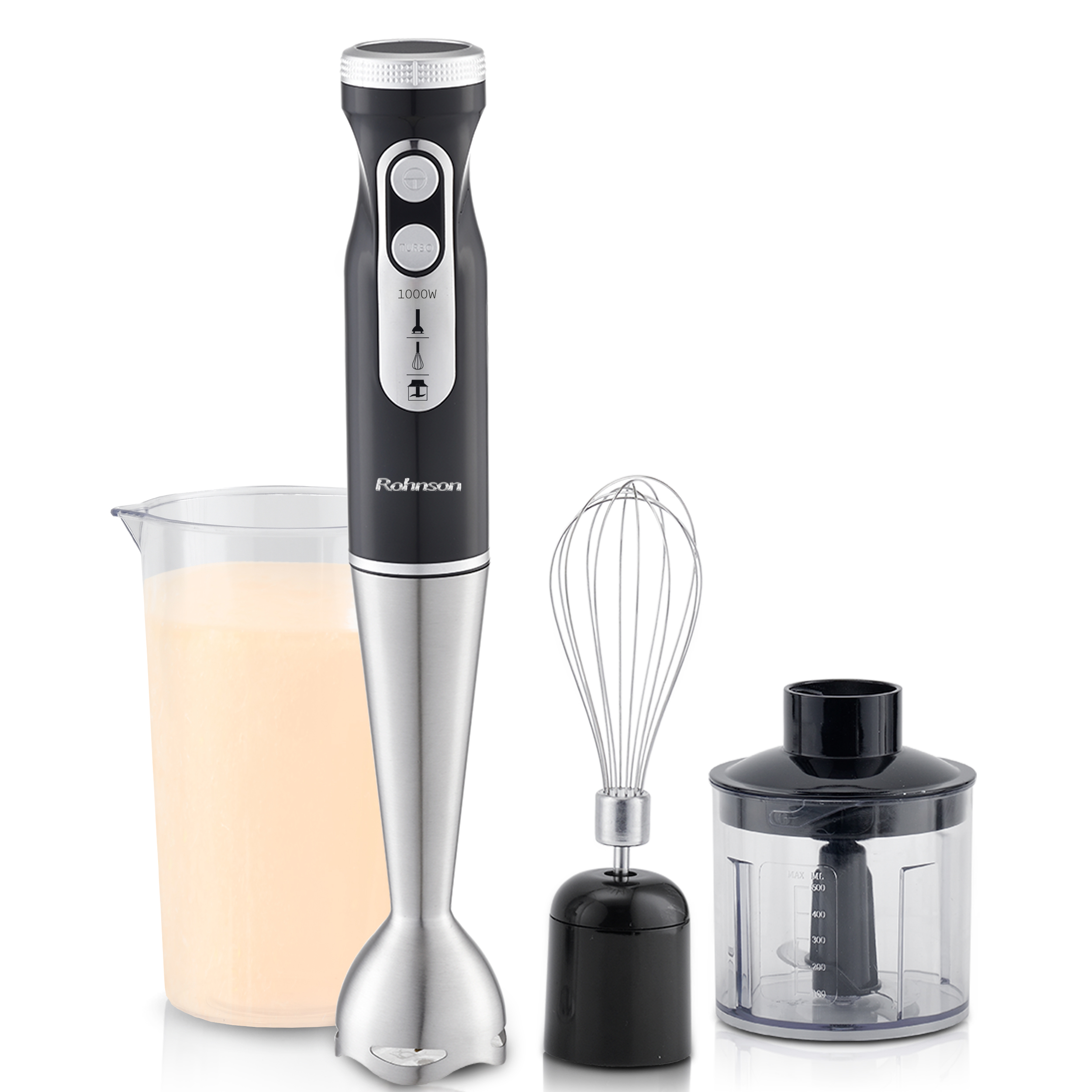 Mixer vertical cu accesorii, Rohnson R5744, 1000W, 3 lame Titan, 9 viteze + Turbo, 15.000 RPM, 70 dB, chopper 0.5L cu 2 lame inox, bol gradat 0.7L, 