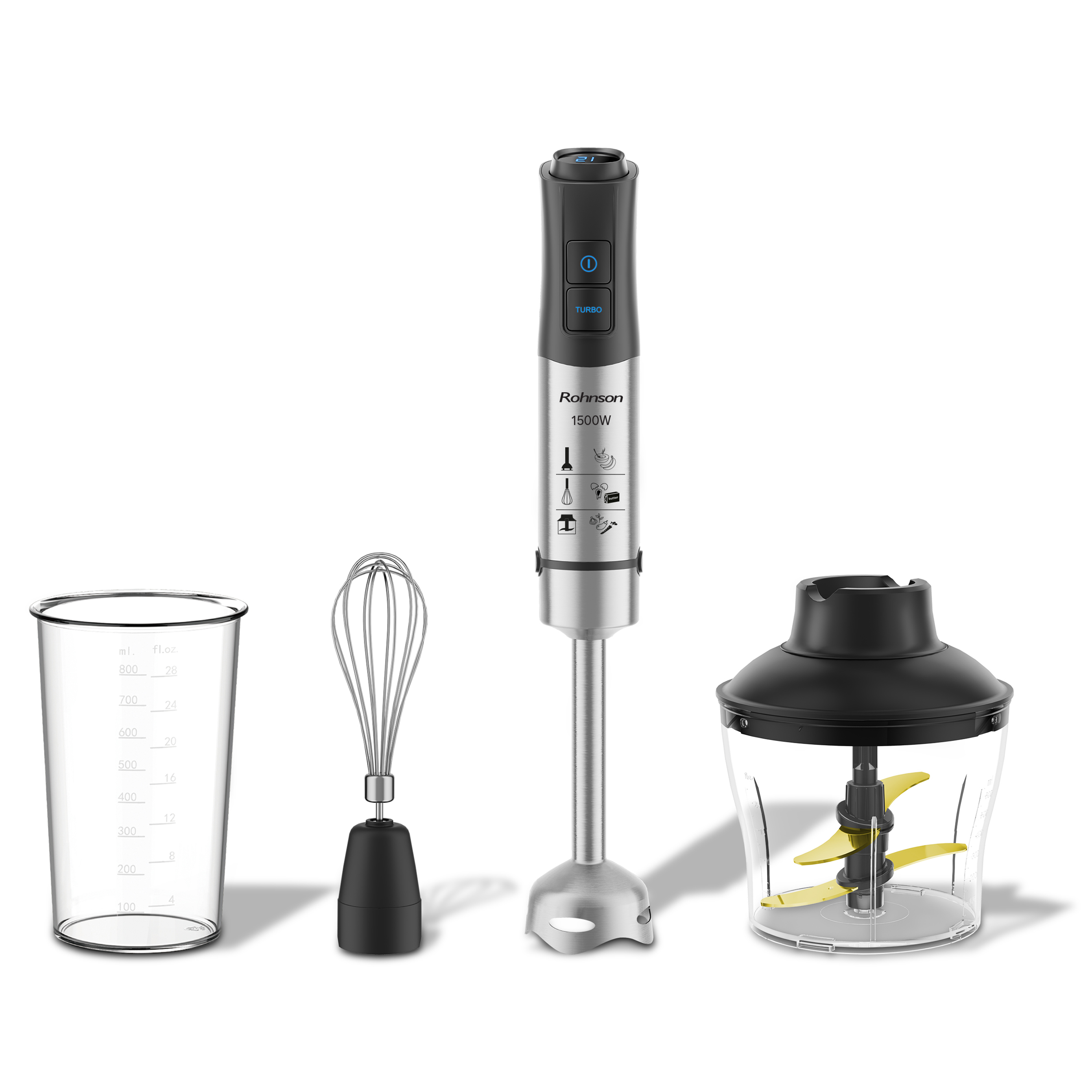 Mixer vertical cu accesorii, Rohnson R5749, 1500W, 4 lame Titan, 12 viteze + Turbo, chopper 0.6L cu 4 lame Titan, bol 0.8 L, tel inox, afisaj LED