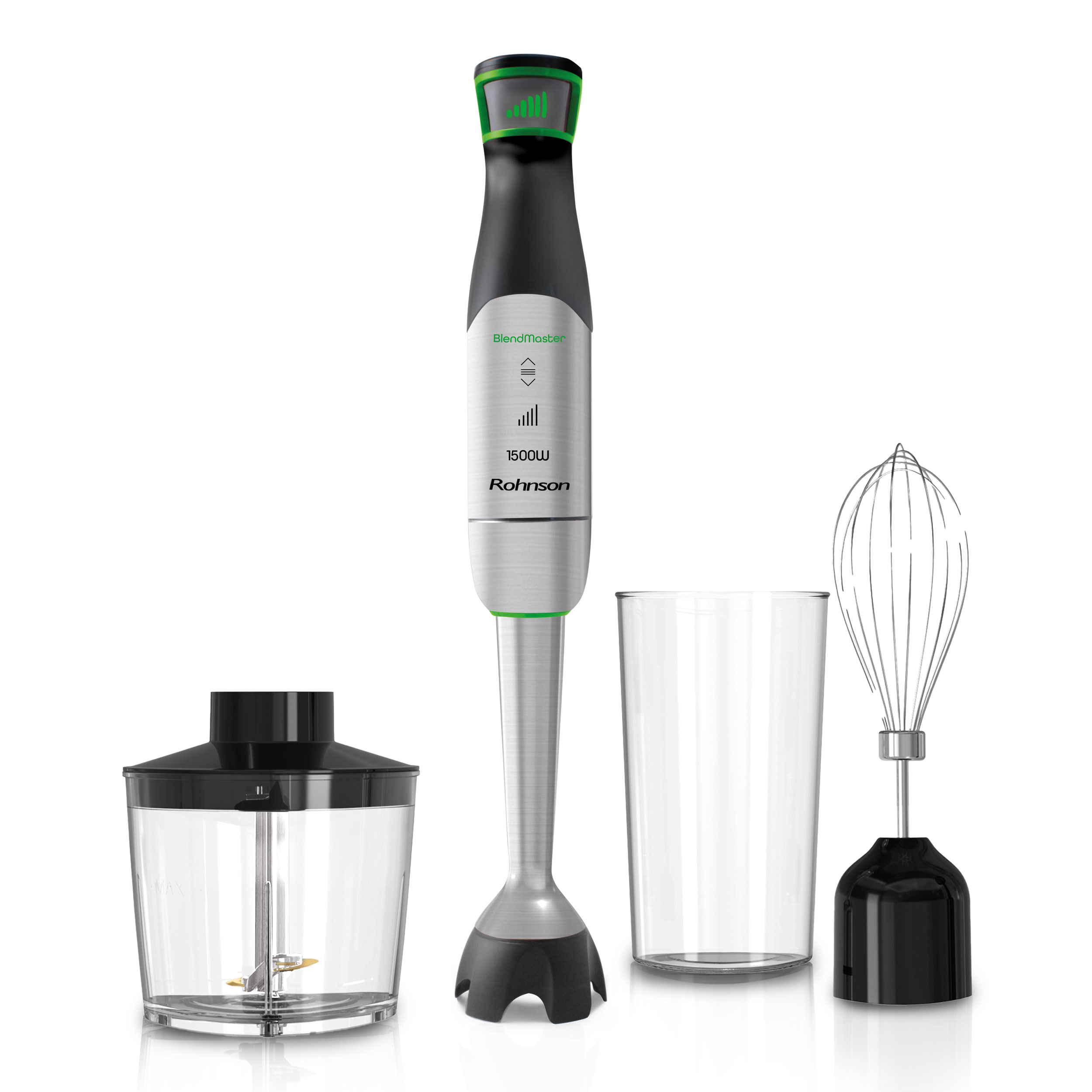 Mixer vertical cu accesorii, Rohnson BlendMaster R5750, 1500W, chopper 1.5 L tel, 3 lame mobile Titan,tehnologie Vario-blade, declanșator de viteză 