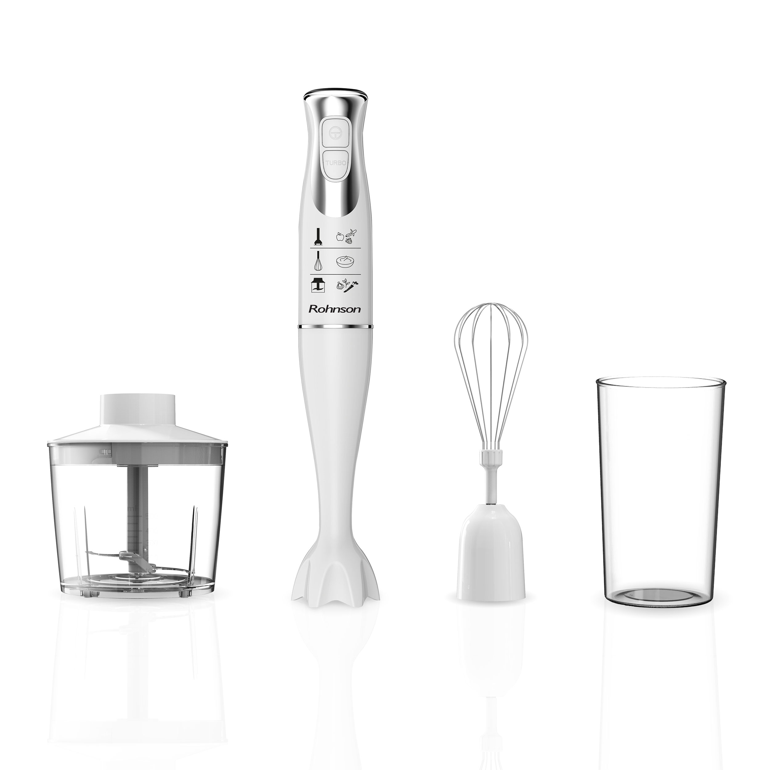Mixer vertical cu accesorii, Rohnson R5793, 400W, 2 lame Inox, 2 viteze + Turbo, 14.000 ± 20% RPM, 69 dB, chopper 0.5L cu 2 lame inox, bol gradat 0.7L