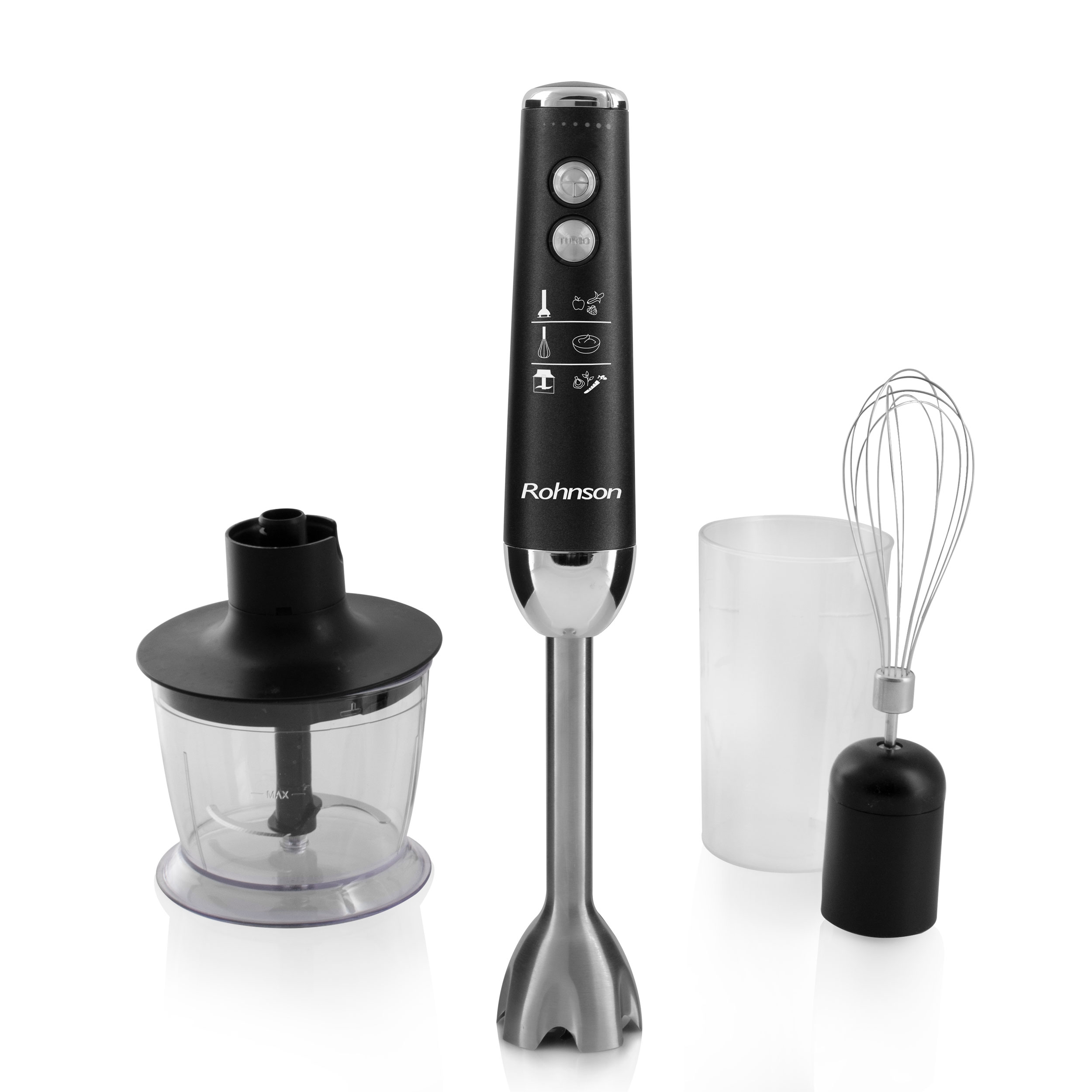 Mixer vertical cu accesorii, 1200W, 2 module viteza, 15.500 RPM, indicator luminos, Black, Rohnson R595