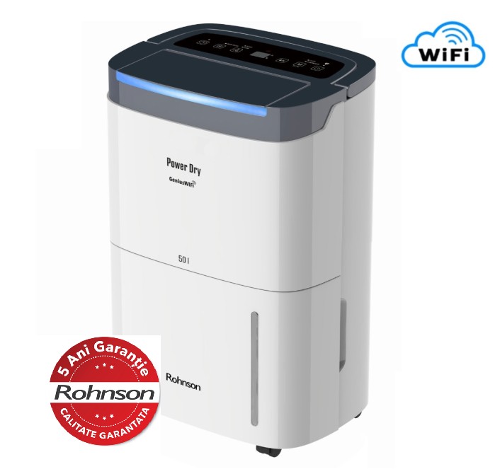 Dezumidificator de aer Rohnson R91250 Power Dry Genius WiFi, 750 W, 200 m², 50 l/24h, Rezervor 7 l, 360 m³ / h, Temporizator 1-24 h, WiFi, child lock,