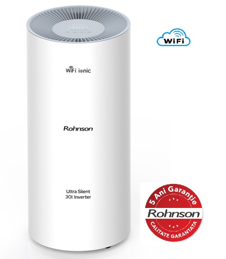Dezumidificator Rohnson R9530, WiFi, Ionic, Inverter, Ultra Silențios, 340 W, 4,5 l, 30 litri/zi , 180 m², 230 m³/h, 35 dB, Alb