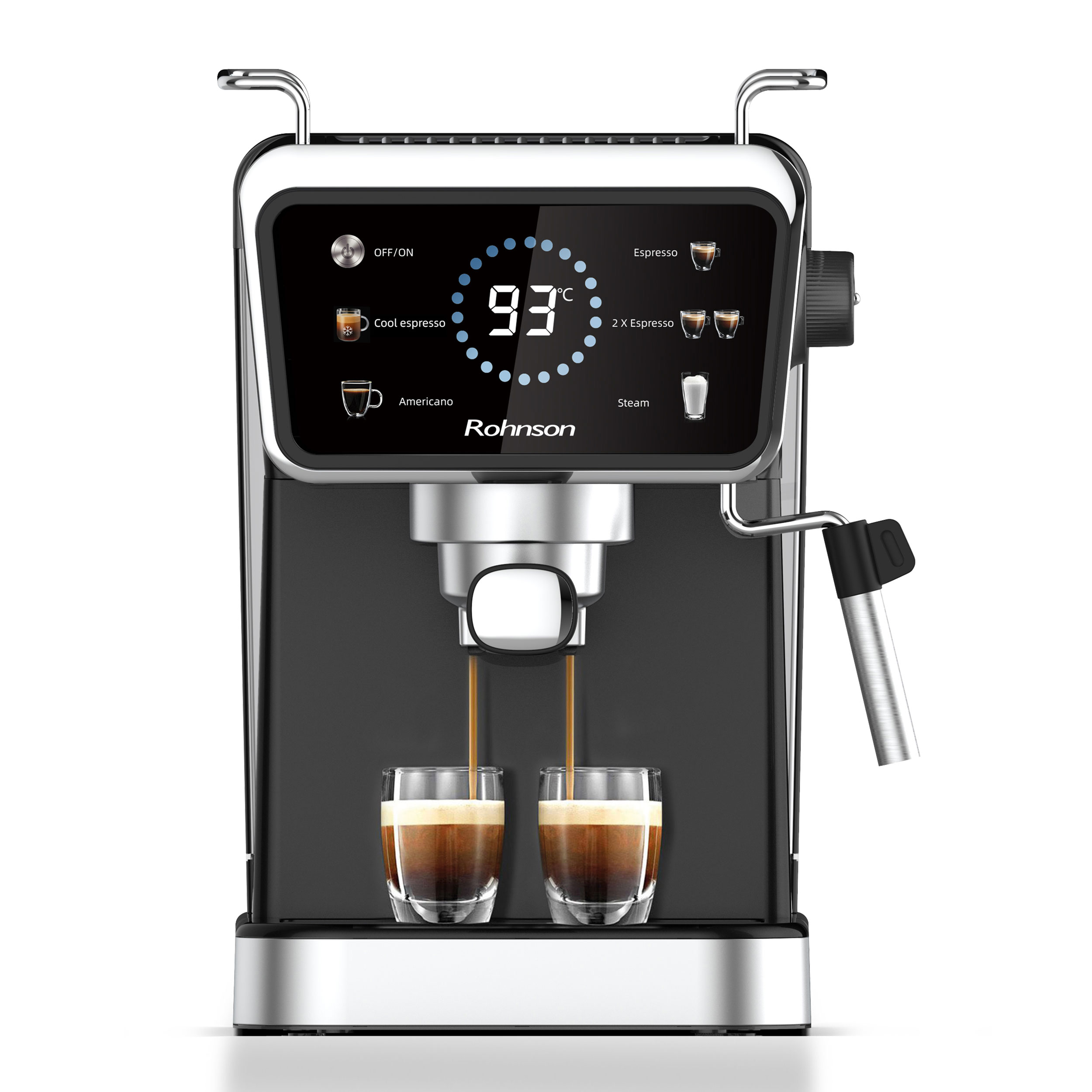 Espressor Rohnson R98015 Hot & Cold, 20 bari, 1350 W, 1,5 L, protectie la supraincalzire si suprapresiune, ERP, NTC, PID, timer, display, semnal sonor