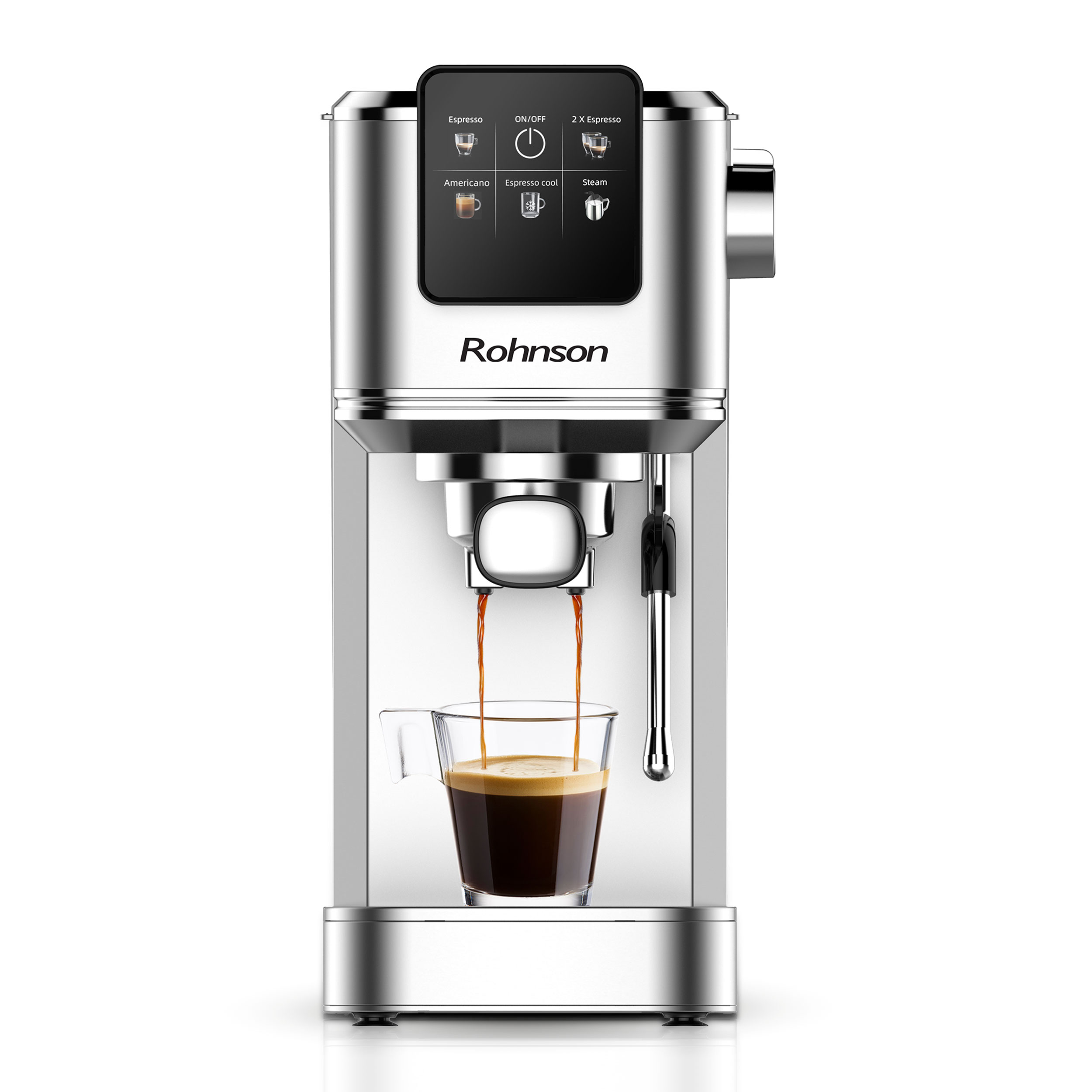Espressor manual slim din otel inoxidabil, Rohnson R98016 Hot & Cold, 20 bari, 1.350W, 1,1 L, 70dB, panou tactil digital LED, siguranță împotriva 