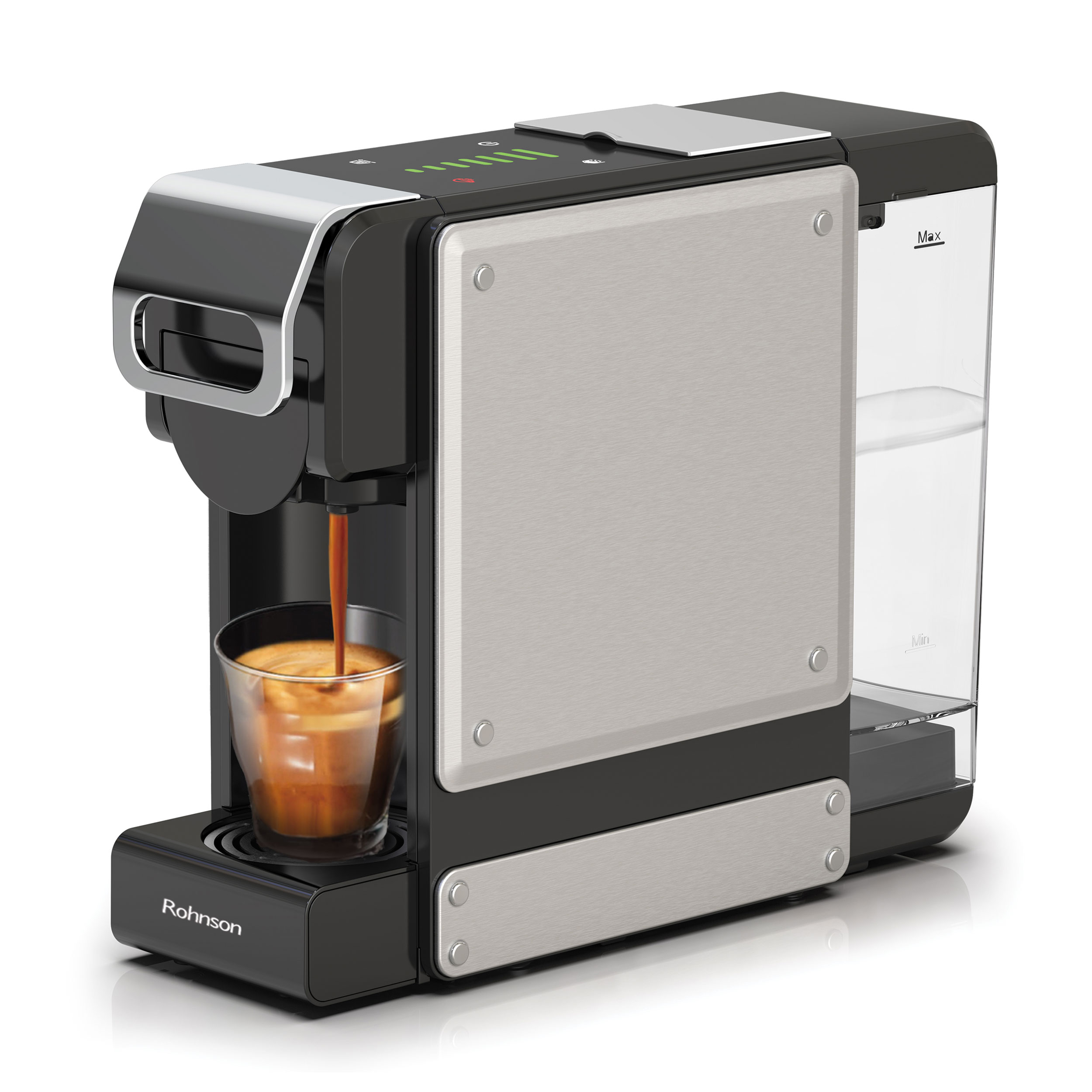 Espressor manual extra slim 2 in 1 (capsule, cafea macinata), Rohnson R98044, 1.450 W, 19 bar, 1 L, 7 niveluri cantitate cafea, sistem de detartrare,