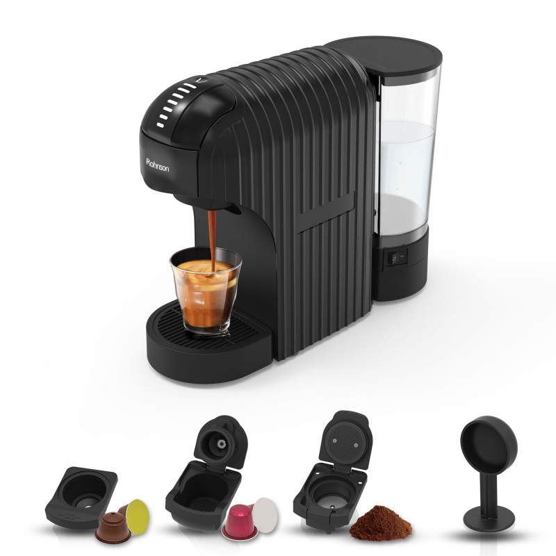 Espressor manual extra slim 2 in 1 (capsule, cafea macinata), Rohnson R98048B, 1.400 W, 20 bar, 0.85L, 7 niveluri cantitate cafea, ERP, oprire automata, negru