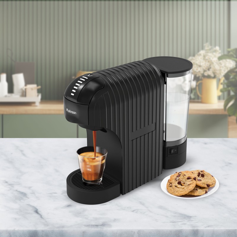 Espressor manual extra slim 2 in 1 (capsule, cafea macinata), Rohnson R98048B, 1.400 W, 20 bar, 0.85L, 7 niveluri cantitate cafea, ERP, oprire automata, negru